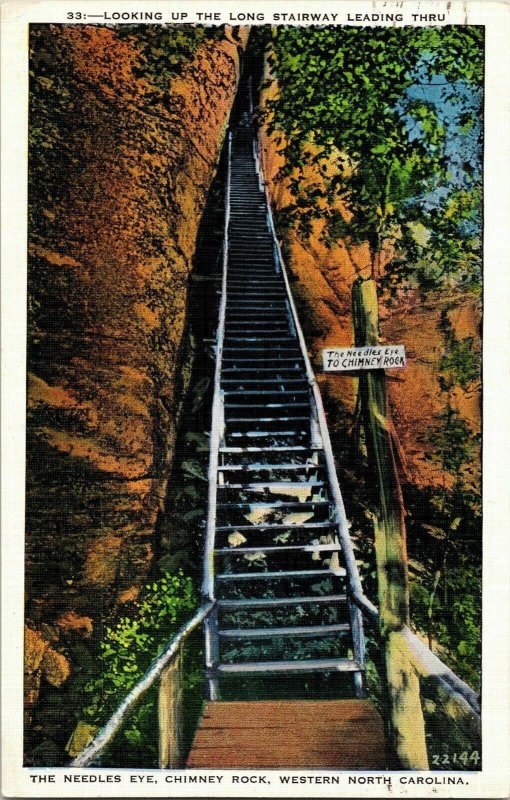 Long Stairway Leading Needles Eye Chimney Rock Western North Carolina Postcard 