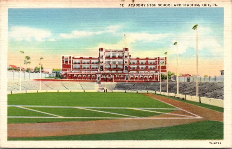 Linen Postcard Academy High School and Stadium in Erie, Pennsylvania