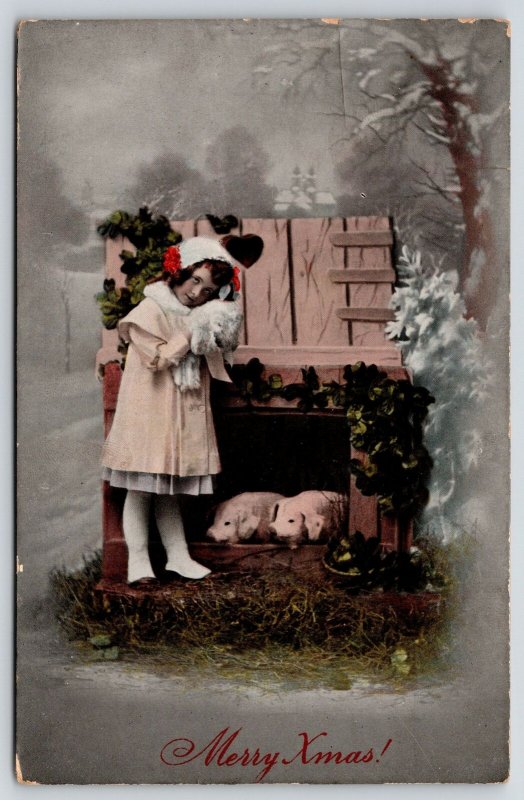 Christmas~Little Girl Cuddle Fur Muff~Visits Pigs in Crib~1908 GEL Germany