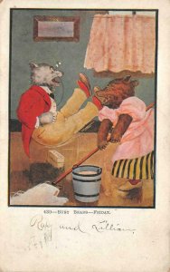 BUSY BEARS MOPPING THE FLOOR ON FRIDAY COMIC POSTCARD 1911