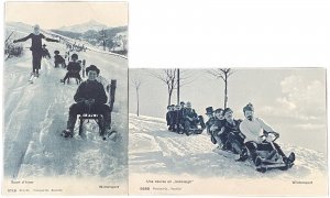 Winter sports vintage postcards Switzerland Neuchatel sledge ski bobsleigh race 