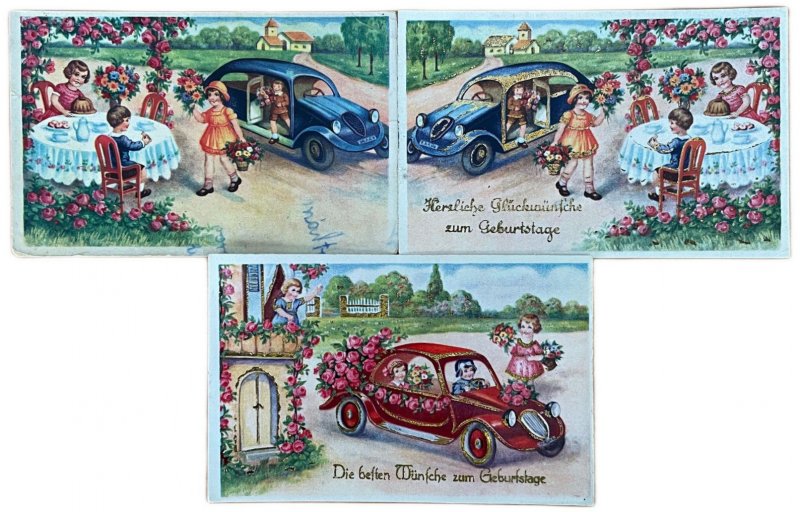 Lot 3 lovely drawn children roses floral cars birthday greetings postcards 1941 