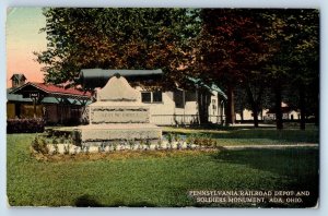1910 Ada Ohio OH Vintage Postcard Pennsylvania Railroad Depot Soldiers Monument