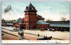 RR Station Train Depot Horses Wagons Carriages Manchester NH C1905 Postcard Y8