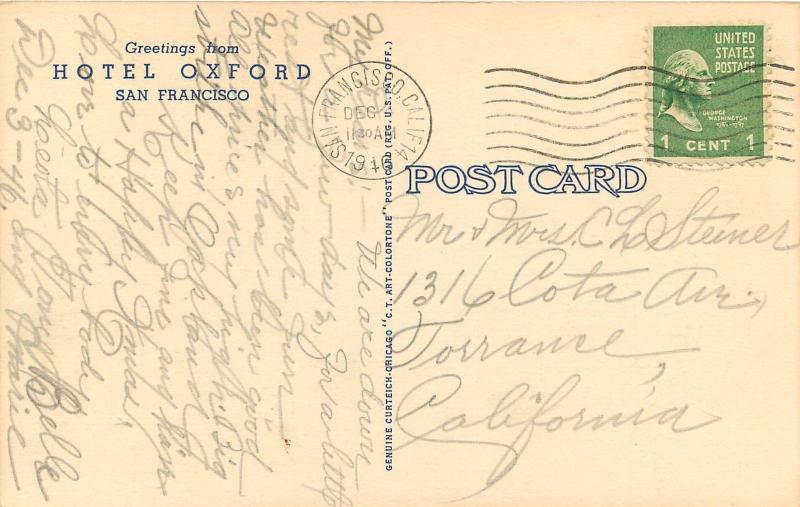 Posted Multi-View Linen Postcard Hotel Oxford Mason & Market St San Francisco CA