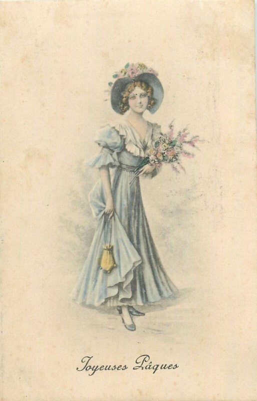 Lovely drawn fancy lady Easter greetings fantasy postcard 1916