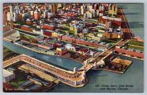 Outer Drive Link Bridge, Chicago Skyline, Illinois, Linen Aerial View Postcard