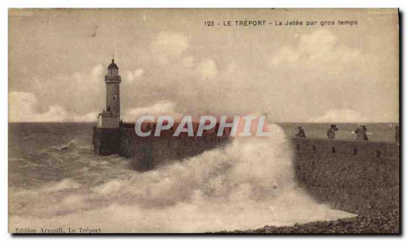 Old Postcard Lighthouse Treport The pier in stormy weather