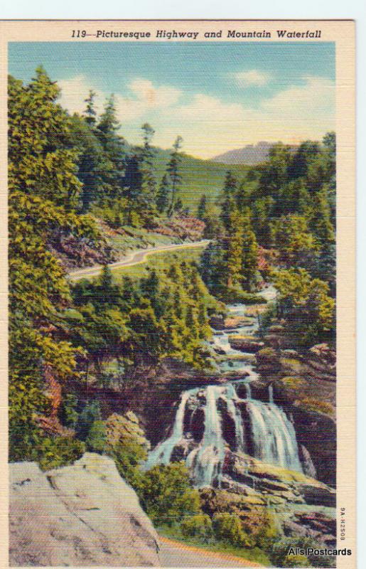 Highway & Mountain Waterfall, #119 - CT# 9A-H2508 Unposted Linen Postcard (A54)