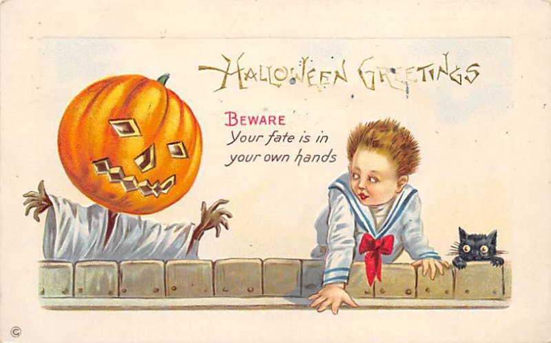 Pumpkin Scarecrow, Child, Black Cat Halloween 1916 
