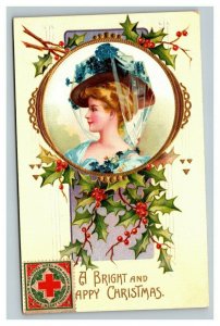 Vintage 1910's Christmas Postcard Portrait of Beautiful Woman Blue Flowered Hat