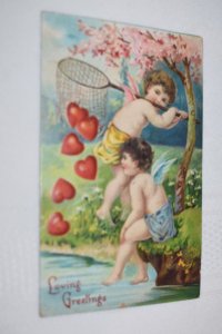 Loving Greetings Cherubs Net Hearts Valentines Postcard Printed in Germany