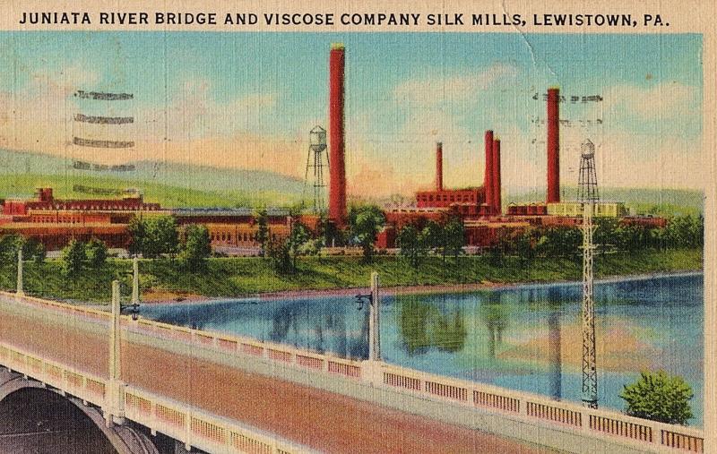 1950 Lewistown PA Juniata River Bridge & Viscose Company Silk Mills Old Postcard