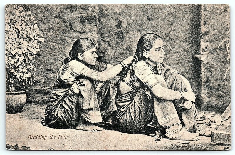 VTG Postcard Native Women India Indian Braiding Hair Street View Girls Floor A4