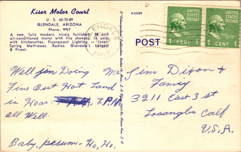 Linen Postcard Kiser Motor Court US 60, 70, 89 in Glendale, Arizona