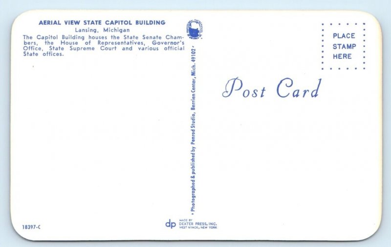 State Capitol aerial view - Lansing MICHIGAN Postcard