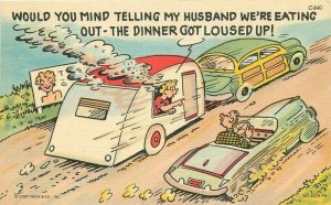Comic Humor Travel Trailer Woody Wagon linen Teich #C-840 Postcard 20-2339