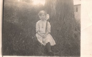 Vintage Postcard 1910s Girl Sitting Under Big Tree Real Photo Grassy Yard RPPC