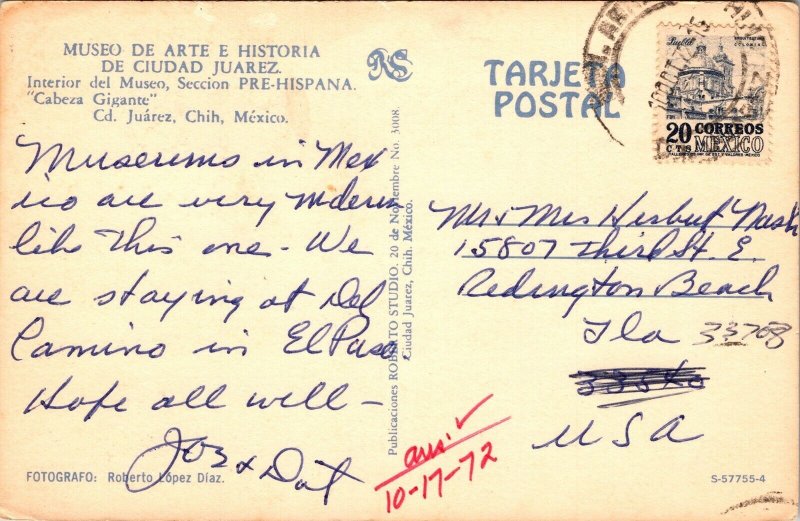 Museo De Arte Historia De Ciudad Juarez Chih Mexico VTG Postcard PM WOB Note