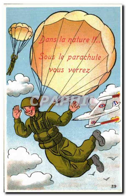 Old Postcard Fantasy Militaria Humor In nature !! Under the plane parachute