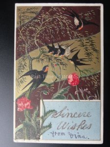 Glittered Art Nouveau Poppy & Birds Postcard: SINCERE WISHES c1906 by K&B serie