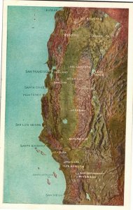 Topographic Map of California, Cities and Mountains ID'd Vintage Postcard H02