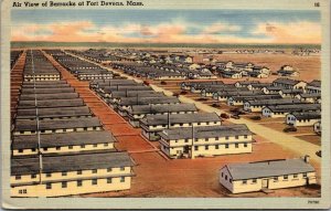 Vtg Fort Devens Massachusetts MA Air View of Barracks 1940s Linen Postcard