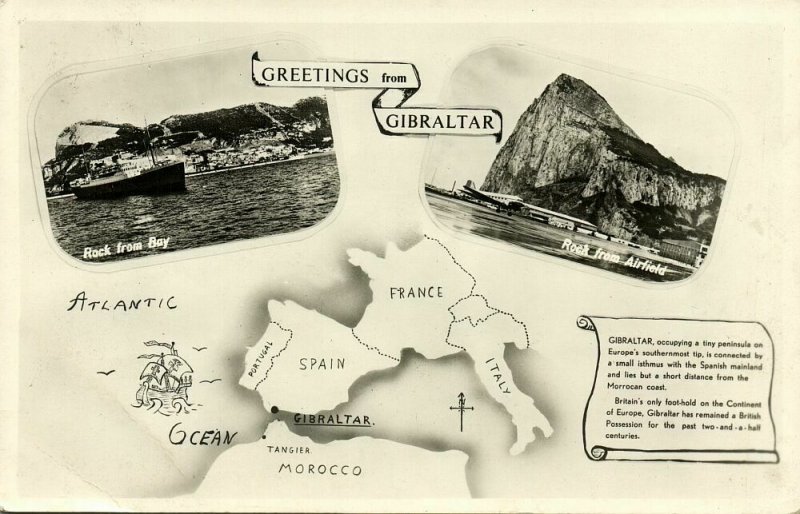 Gibraltar, Rock from Bay, Airfield, Map Postcard (1958) RPPC