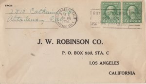 LOS ANGELES - J W ROBINSON return envelope / BUY WAR BONDS cancel 1938