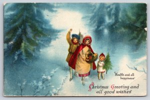 Clapsaddle Christmas~Medieval Family Carry Trees & Basket Thru Night Woods~WOLF