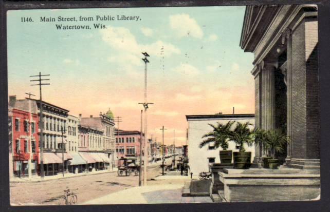 Main Street From Public Library Watertown WI Postcard 4106