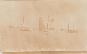 D90/ Mishawaka Lake Michigan Indiana In Real Photo RPPC Postcard 1911 Sailboats