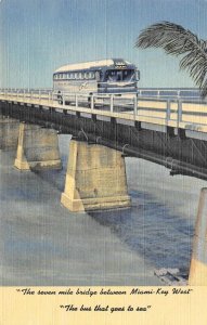 7 Mile Bridge Miami-Key West Florida Greyhound Bus c1940s Linen Vintage Postcard