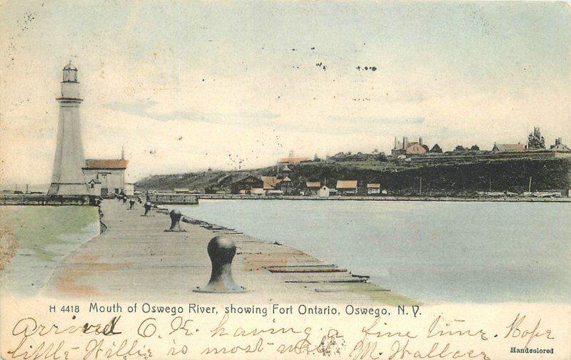 1908 Lighthouse Mouth Oswego River Fort Ontario New York hand colored 4756