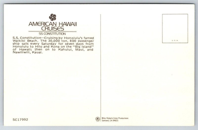 SS Constitution American Hawaii Cruises Waikiki Beach Maui Postcard M15