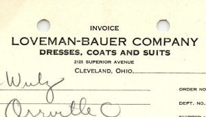 1939 LOVEMAN-BAUER CO. CLEVELAND OH DRESSES COATS SUITS BILLHEAD INVOICE Z1024