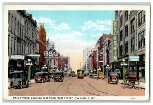 c1920's Main Street Classic Cars Trolley Carriage Evansville Indiana IN Postcard