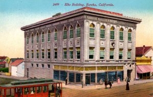 Eureka, California - Trolley, Man on Horse in front of the Elks Building - c1907