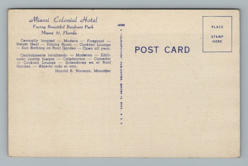 Colonial Hotel Biscayne Boulevard Blvd Miami FL Florida Postcard 