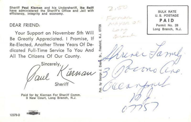 Long Branch New Jersey Paul Kiernan Ike Reiff Politicians Postcard K103010