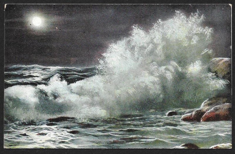 Rough Waves Against Rocks At Night Used c1908