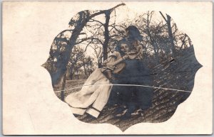 Mother Hugs Her Daughter In The Wood Black & White Photo Antique Postcard