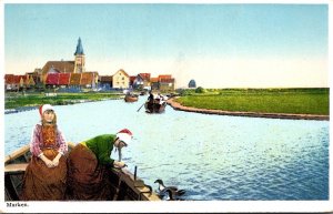 Netherlands Marken Young gIrls In Boat Feeding Ducks 1940