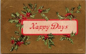 Happy Days Holly Berries Gold Embossed Postcard