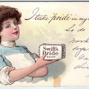 c1900s UDB Swift's Pride Soap Advertising Woman Hold Bar Housewife Postcard A168