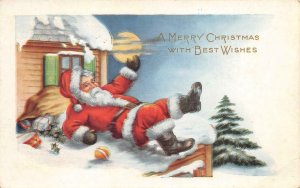 A Merry Christmas Santa Claus On Roof, Presents 1917 Embossed Vintage Postcard