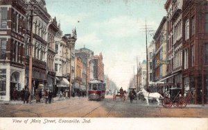 VIEW OF MAIN STREET EVANSVILLE INDIANA HORSE TROLLEY POSTCARD (c. 1905)