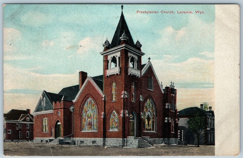 c1909 Laramie, WY Presbyterian Church Stained Glass Bell Tower Postcard Wyo A196