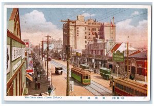 Tokyo Japan Postcard Ginza Street Trolley Car Business Area c1930's Unposted