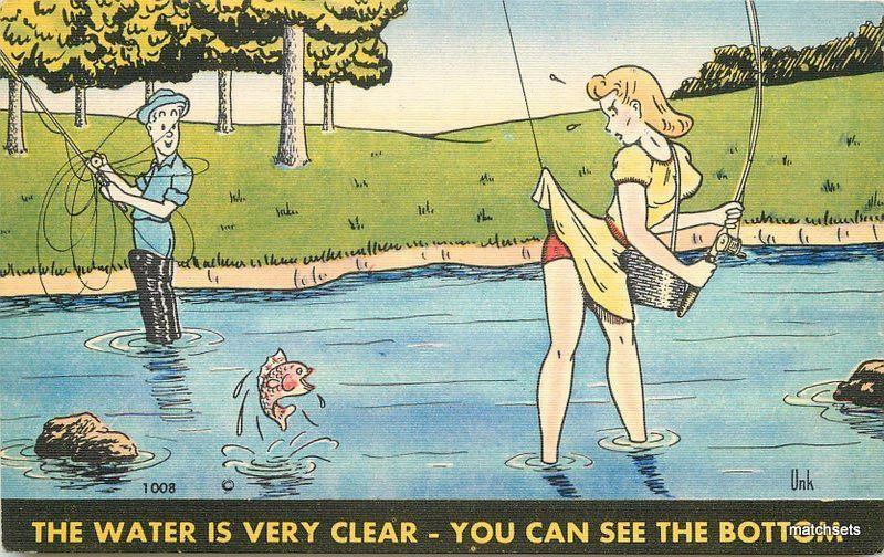 Sexy Farm Girl Fishing Pinup Linen American Beauty Series AB6 Vintage  Postcard